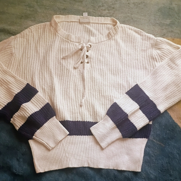 St John's Bay Cream and Navy Striped Lace Up Sweater Knit Cotton Blend L - Picture 1 of 7
